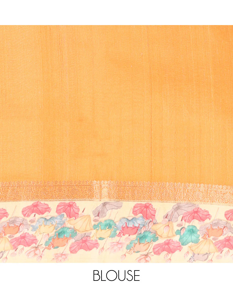 Yellow lehariya-style stripes printed tussar saree with zari buttas, contrast traditional zari border of pichwai multi-color floral & cow motifs print & zari striped pallu - Image 6