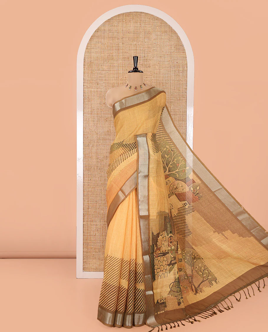 Yellow Linen Cotton Saree, Accentuated with Geometric Patterns Print on Its Body, Complemented by a Contrast Plain Border, Vintage French Scenery Printed Pallu, and Paired with a Contrast Blouse