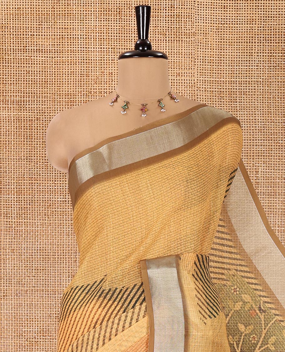 Yellow Linen Cotton Saree, Accentuated with Geometric Patterns Print on Its Body, Complemented by a Contrast Plain Border, Vintage French Scenery Printed Pallu, and Paired with a Contrast Blouse - Image 2