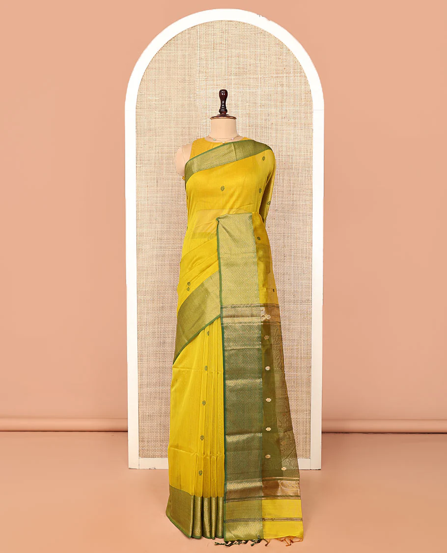 Yellow Maheshwari Cotton Saree, Bedecked with Floral Buttas on Its Body, Complemented by a Contrast Border of Traditional Designs, Pallu Steeped with Buttas, and Paired with a Contrast Blouse - Image 3