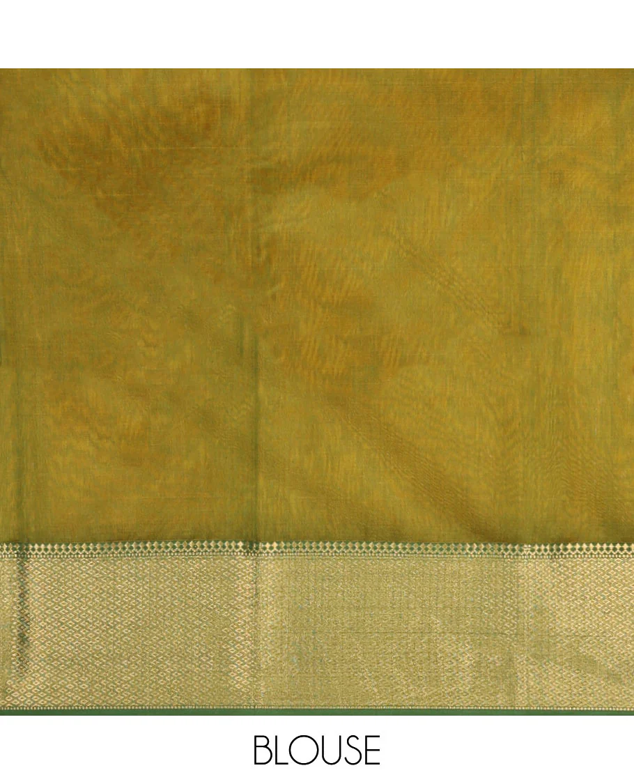 Yellow Maheshwari Cotton Saree, Bedecked with Floral Buttas on Its Body, Complemented by a Contrast Border of Traditional Designs, Pallu Steeped with Buttas, and Paired with a Contrast Blouse - Image 5