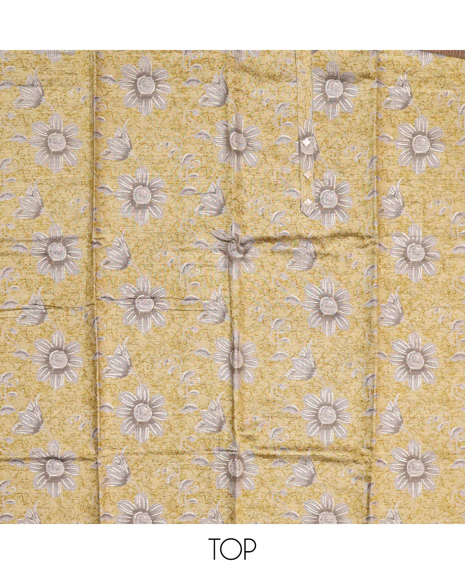 Yellow Material Chudidar Set, Beautified with Floral Abstract Print and Neck Embroidery on Cotton Top, a Contrast Plain Cotton Bottom, and Paired with a Plain Dupatta - Image 2