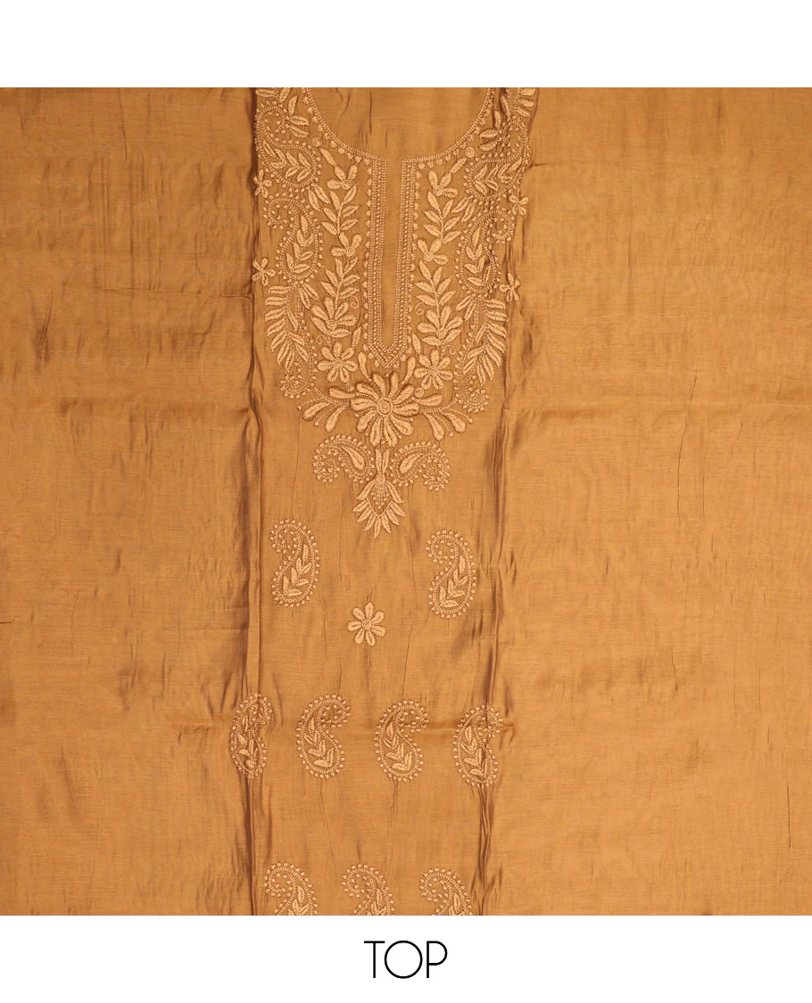 Yellow Material Chudidar Set, Delicately Woven with Floral-Paisley Embroidered Muslin Top, a Plain Santoon Bottom, and Paired with Intricately Printed Muslin Dupatta - Image 2