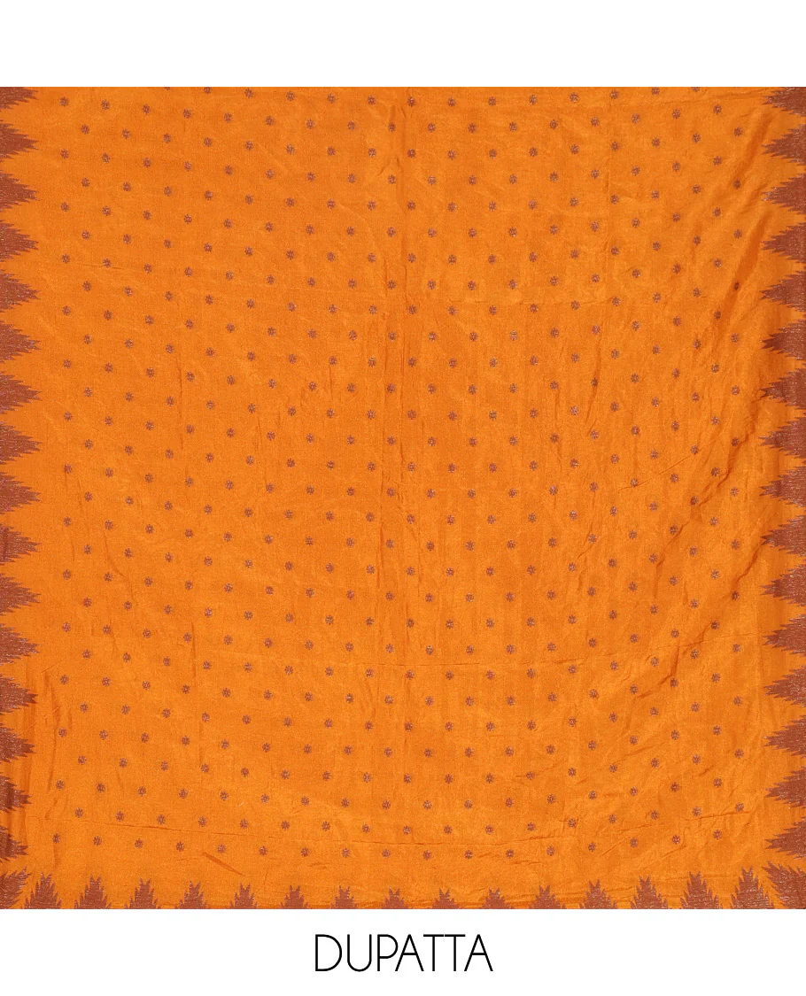 Yellow Material Chudidar Set Graced with 1000 Zari Buttas Woven Banaras Top, Subtly Made Plain Santoon Bottom, and a Banarasi Dupatta Featuring Zari Buttas and Temple Buttas - Image 2