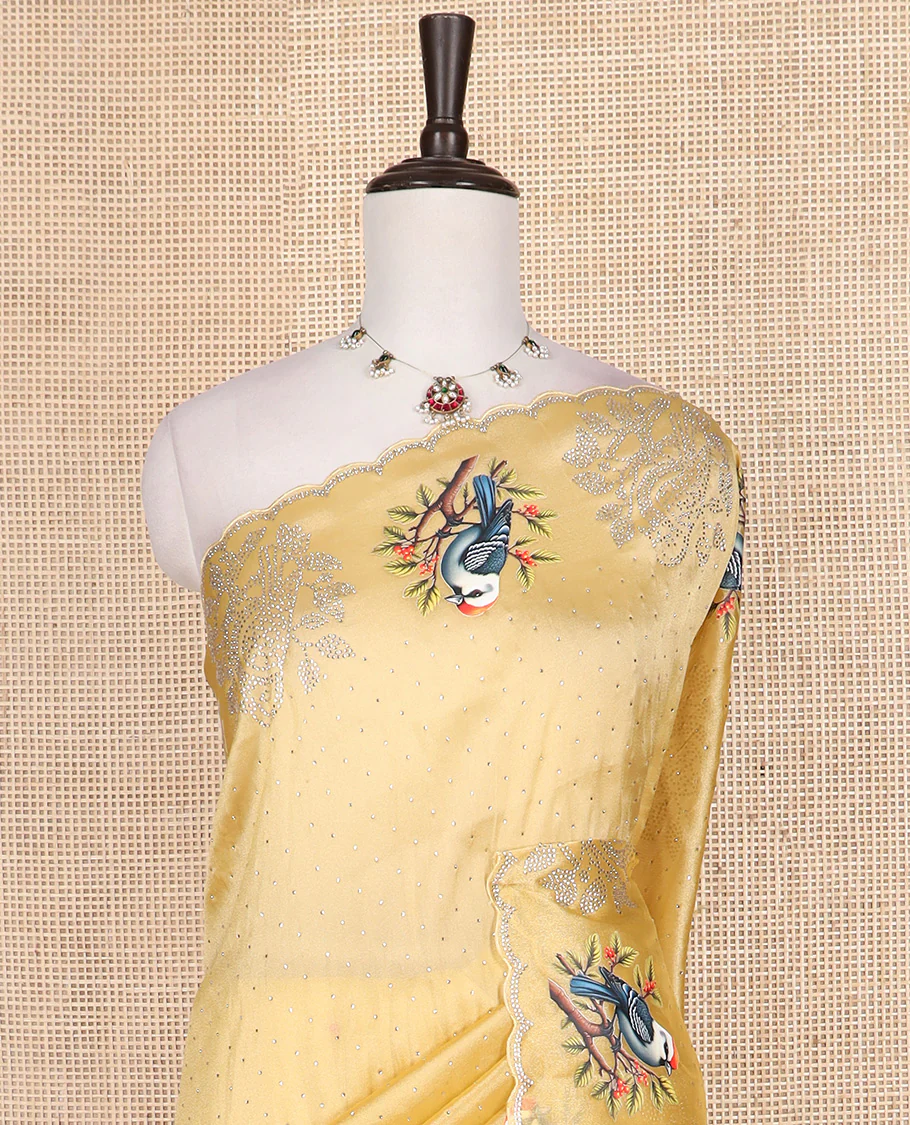 Yellow micro stone work designer saree with scallop stone work border of sparrow motifs digital print, and pallu of micro-stone work - Image 3