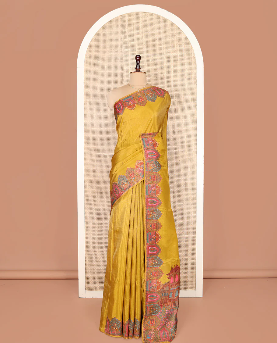Yellow Plain Dola Silk Saree, Complemented by Captivating Contrast Border of Meenakari-style Mughal Human Figurines, Pallu Artfully Pictures Mughal Human Figurines, and Paired with a Matching Blouse - Image 3