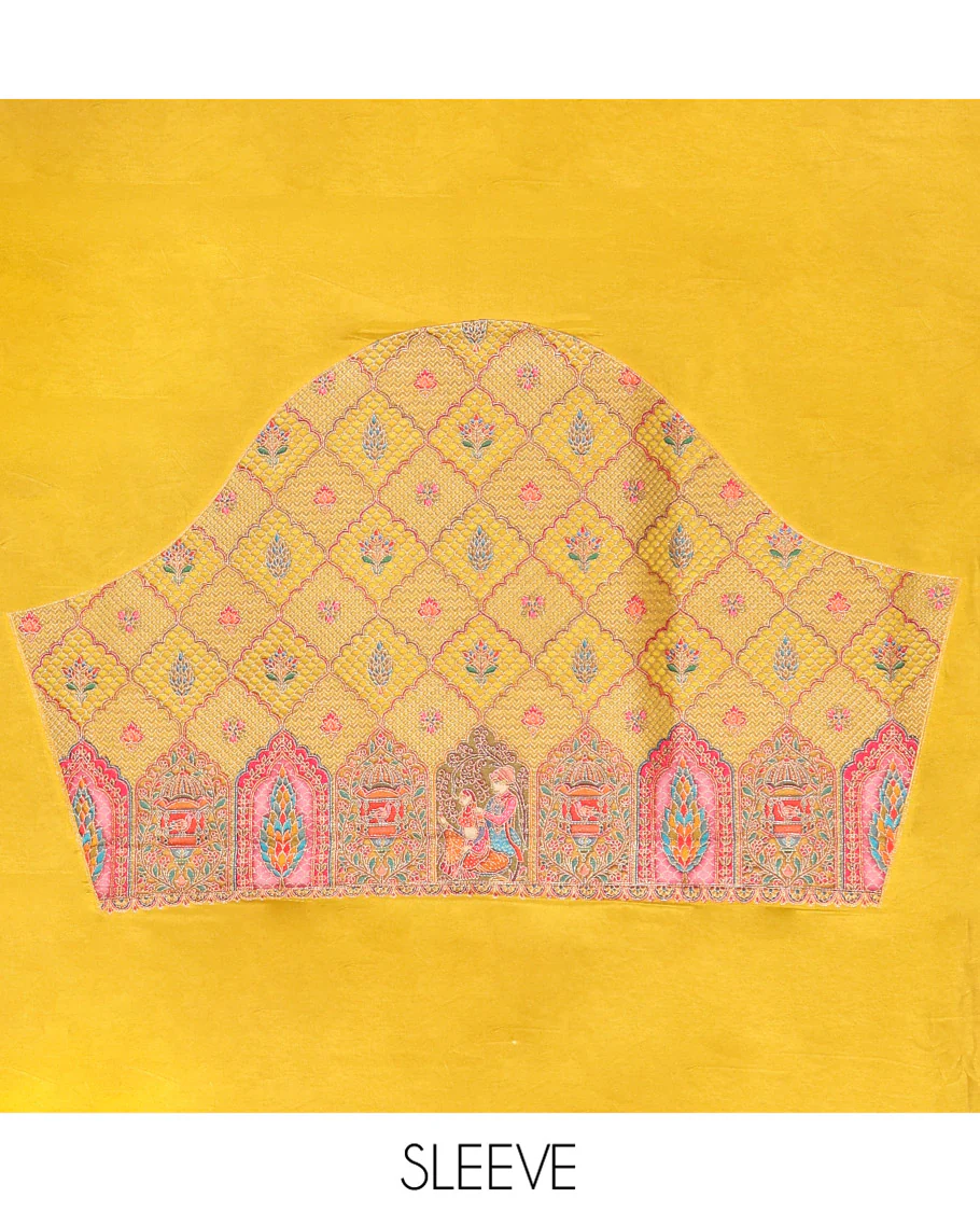 Yellow Plain Dola Silk Saree, Complemented by Captivating Contrast Border of Meenakari-style Mughal Human Figurines, Pallu Artfully Pictures Mughal Human Figurines, and Paired with a Matching Blouse - Image 5