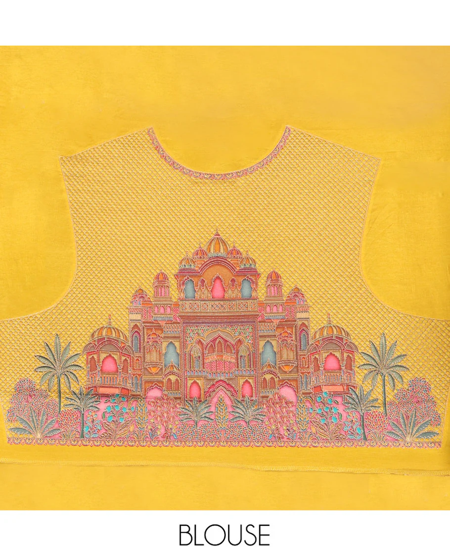 Yellow Plain Dola Silk Saree, Complemented by Captivating Contrast Border of Meenakari-style Mughal Human Figurines, Pallu Artfully Pictures Mughal Human Figurines, and Paired with a Matching Blouse - Image 6