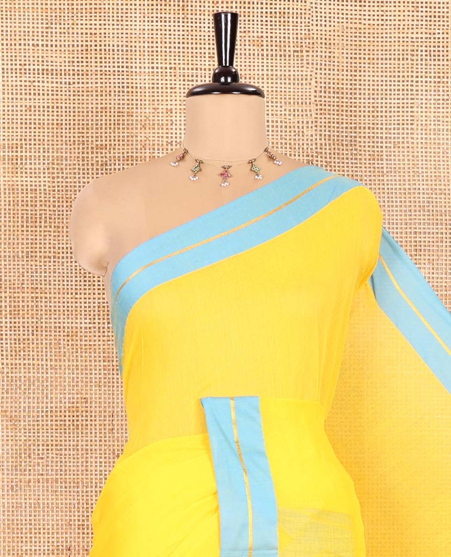 Yellow Plain Khadi Mul Cotton Saree, Complemented by Contrast Zari Striped Border, Plain Pallu, and Paired with a Matching Blouse - Image 2