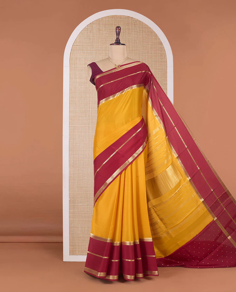 Yellow plain Mysore silk saree, contrast traditional zari border and pallu of zari designs - Image 2