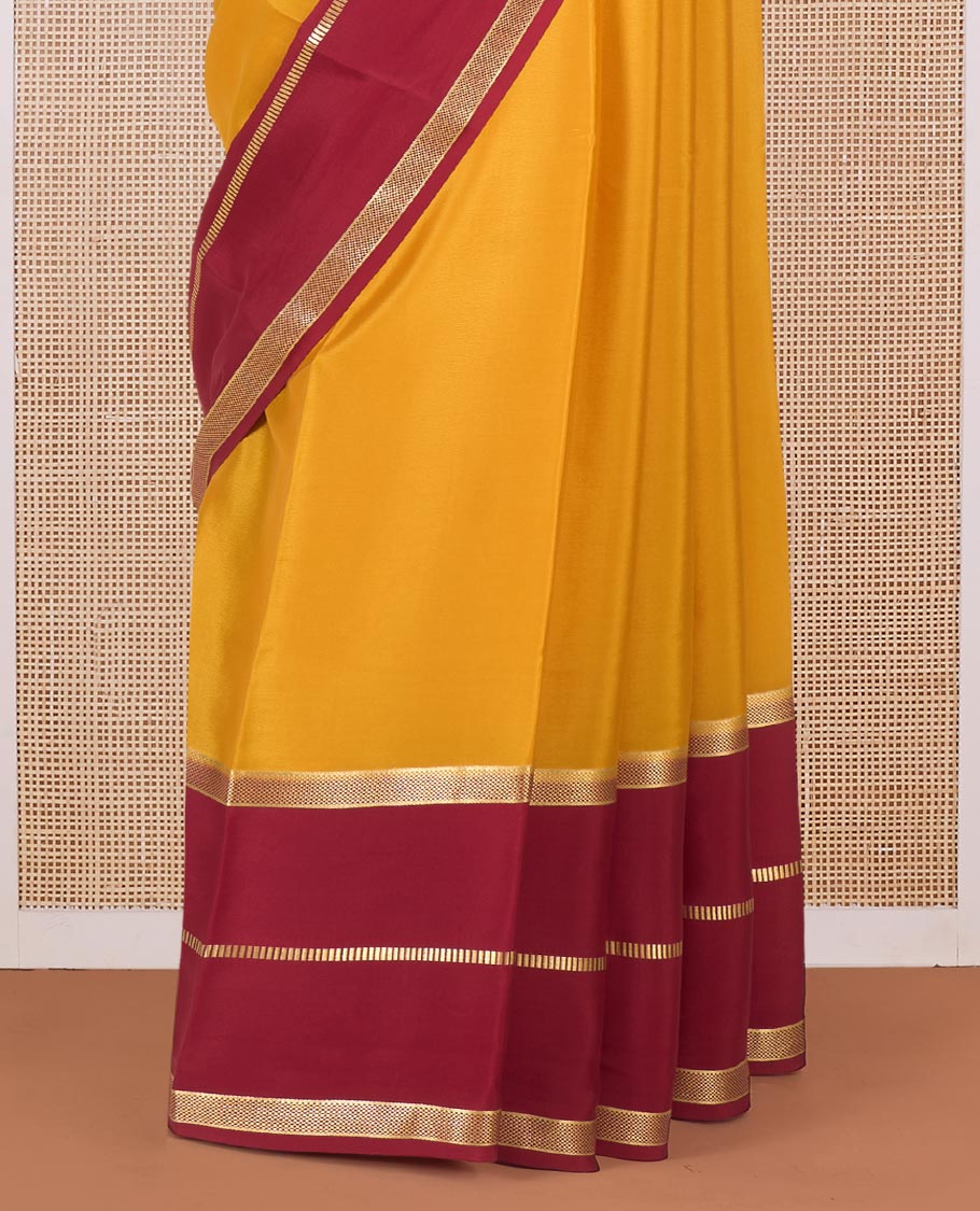 Yellow plain Mysore silk saree, contrast traditional zari border and pallu of zari designs - Image 4