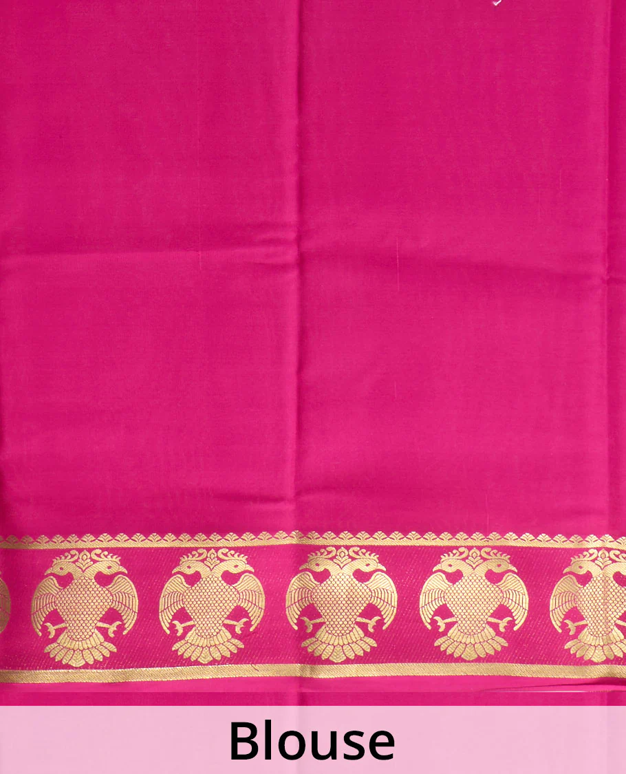 Yellow plain Mysore silk saree, contrast two-headed eagle zari border, and pallu of stripes - Image 5