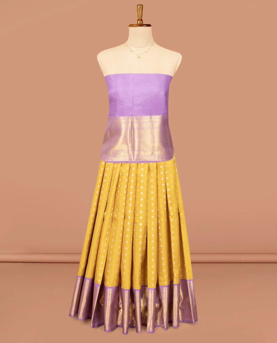 Yellow Pure Silk Half-Saree, Artfully Detailed with Mayil-Chakram Buttas on Its Skirt, Complemented by a Contrast Border of Rekku, Muthu, Diamond, Chakram, and Jaal Designs, Comes with a Contrast Blouse and a Dhavani of Jacquard Design - Image 3