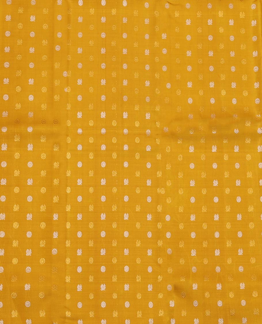 Yellow Pure Silk Half-Saree, Artfully Detailed with Mayil-Chakram Buttas on Its Skirt, Complemented by a Contrast Border of Rekku, Muthu, Diamond, Chakram, and Jaal Designs, Comes with a Contrast Blouse and a Dhavani of Jacquard Design - Image 4