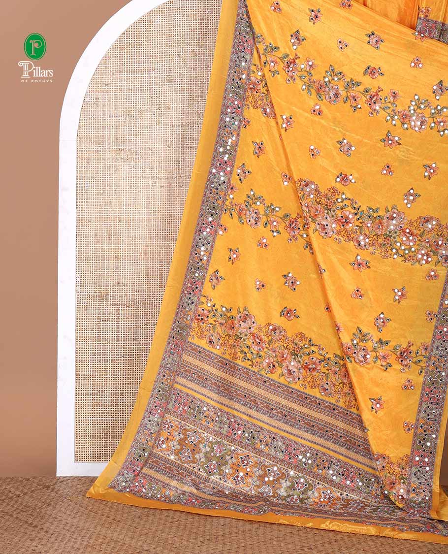 Yellow rose flower print & mirror work masakali saree, self-border & pallu of print & mirror work, floral printed blouse - Image 2