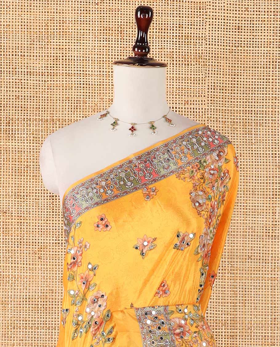 Yellow rose flower print & mirror work masakali saree, self-border & pallu of print & mirror work, floral printed blouse - Image 3