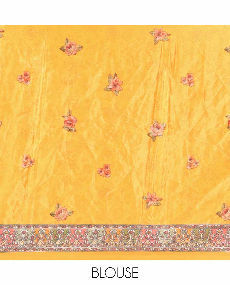 Yellow rose flower print & mirror work masakali saree, self-border & pallu of print & mirror work, floral printed blouse - Image 4