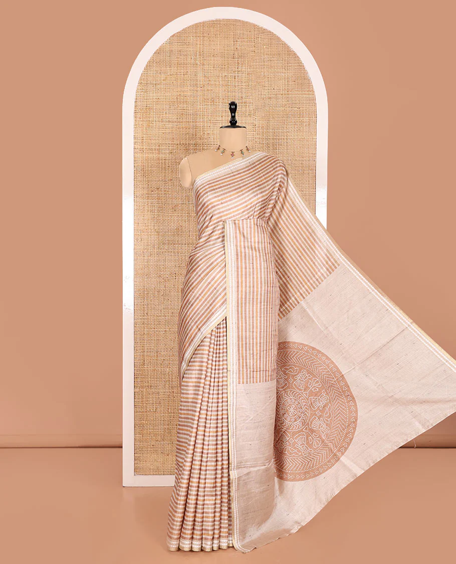 Yellow Semi-Tussar Saree Featuring Horizontal Stripe Prints, Accentuated by a Subtle Resham Thread Temple-Designed Border, with a Pallu Highlighted by Intricate Circular Motifs, Paired with a Contrast Bandhani Blouse