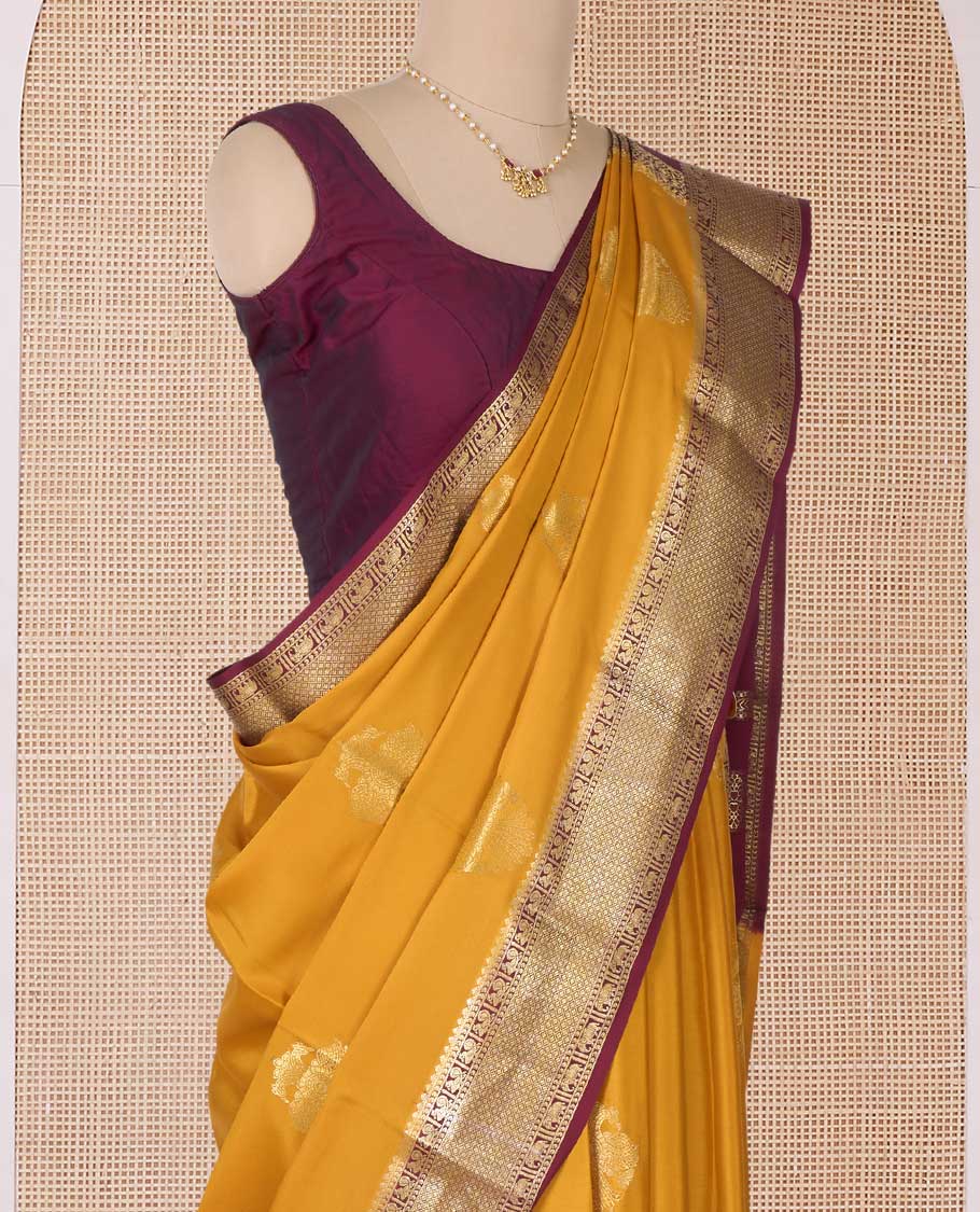 Yellow two-headed eagle motifs zari woven Mysore silk saree, contrast traditional zari border, and pallu of thick zari designs - Image 3
