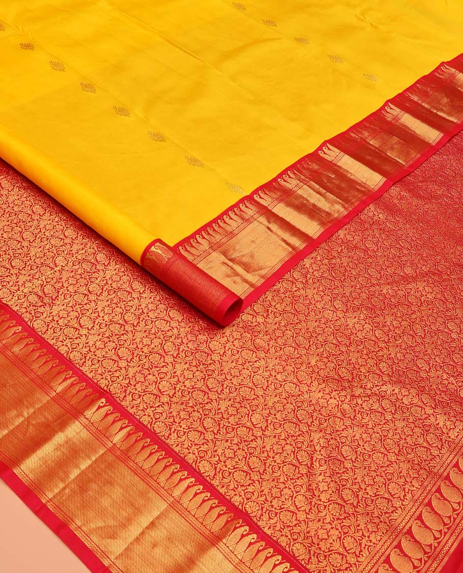 Yellow zari buttas Bangalore silk saree, contrast traditional zari border of paisleys, and floral jaal pallu - Image 2