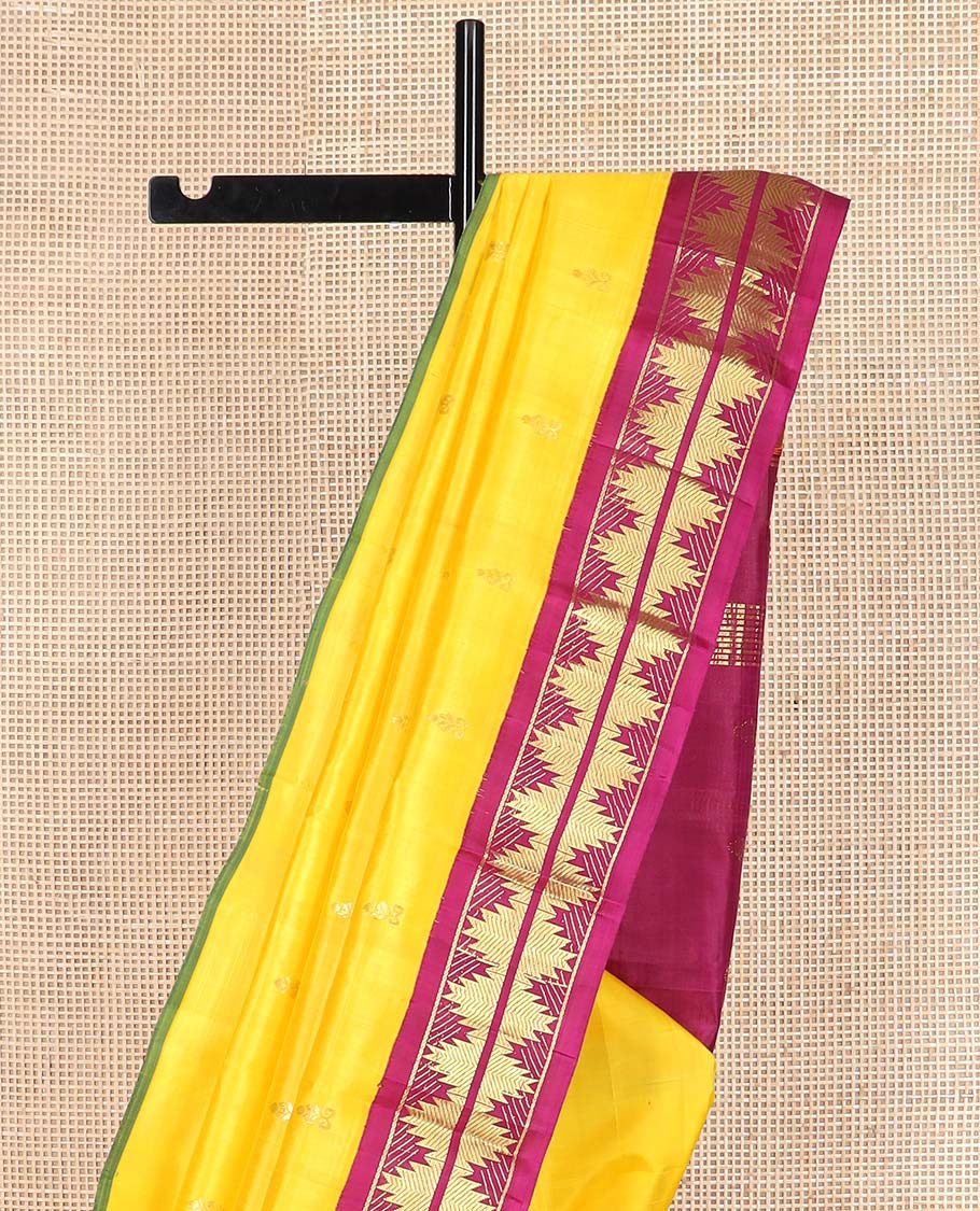 Yellow zari buttas Kanchipuram silk saree, contrast thazampoo rekku border, and zari design pallu - Image 3