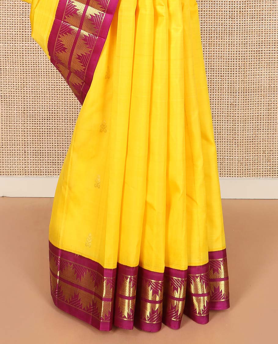 Yellow zari buttas Kanchipuram silk saree, contrast thazampoo rekku border, and zari design pallu - Image 4