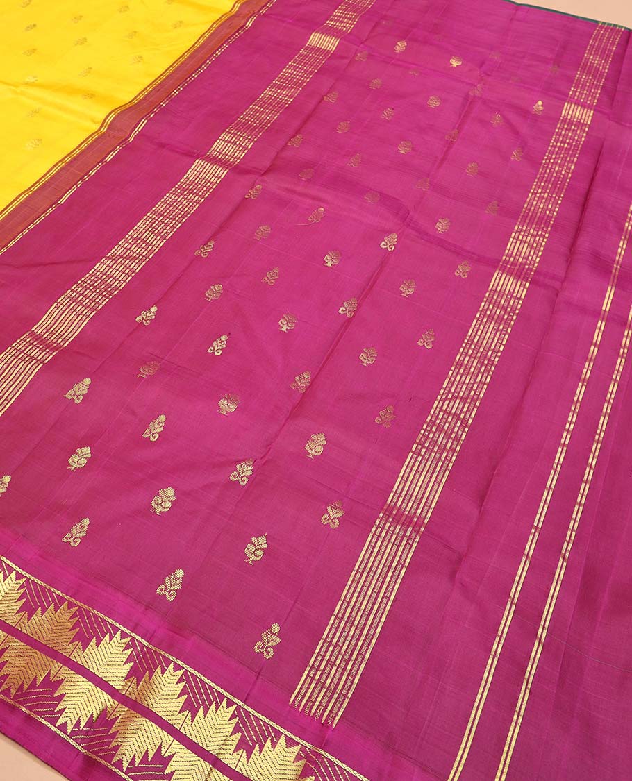 Yellow zari buttas Kanchipuram silk saree, contrast thazampoo rekku border, and zari design pallu - Image 5