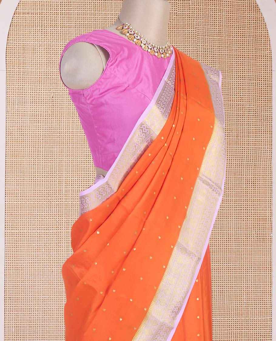 Orange zari buttas Mysore silk saree, contrast traditional zari border & intricately zari woven pallu - Image 3