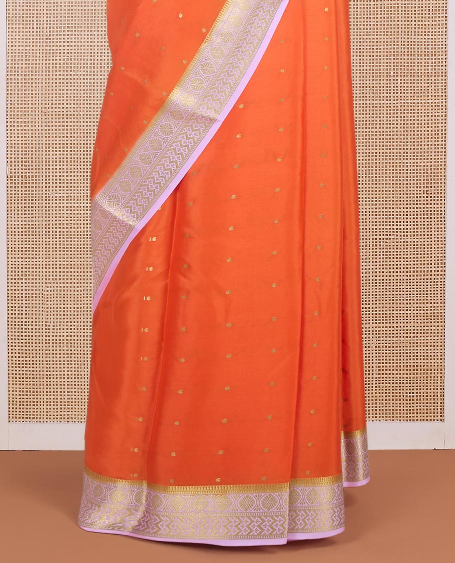 Orange zari buttas Mysore silk saree, contrast traditional zari border & intricately zari woven pallu - Image 4