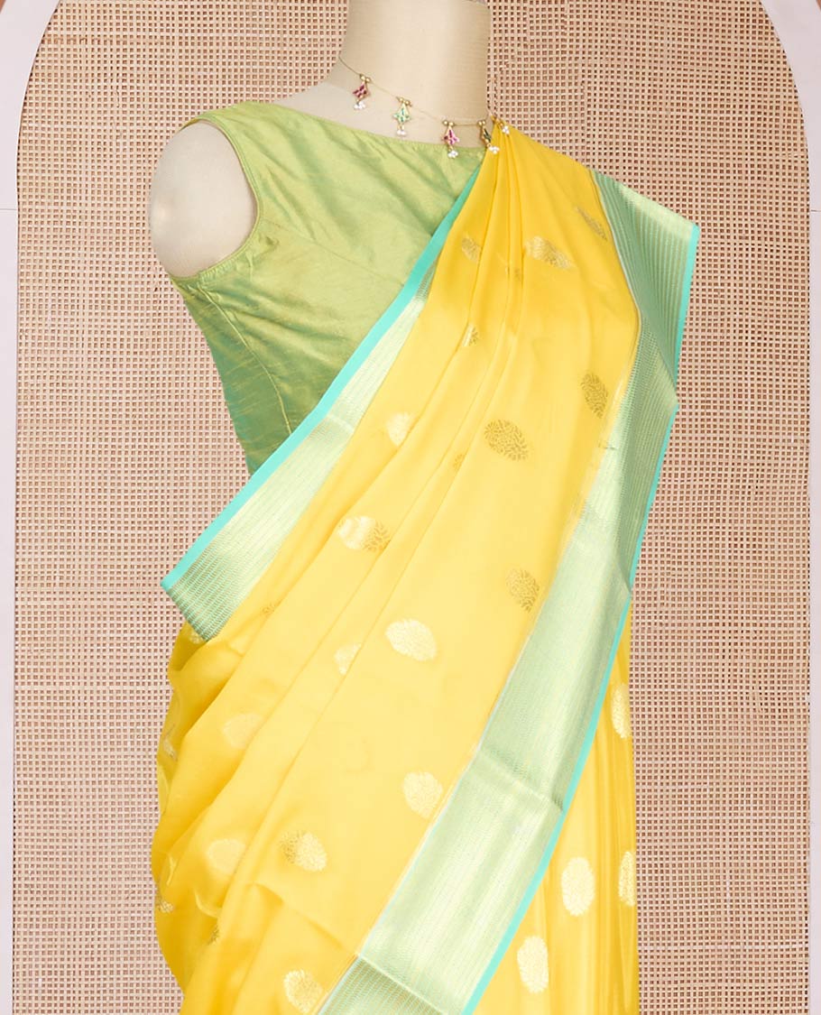 Yellow zari buttas Mysore silk saree, contrast traditional design zari border & pallu of chevron designs - Image 3